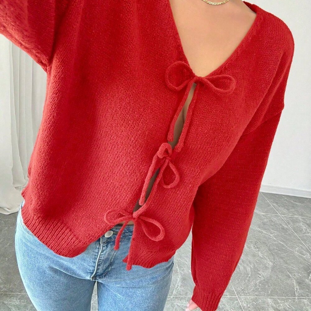 Red Casual Women's Front Tie Long Sleeve Blouse - Picture 6 of 6